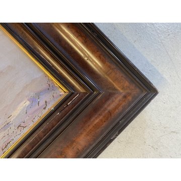 ANTICO GRANDE DIPINTO OLIO VOLPE GHIANDAIA PAESAGGIO INVERNALE NEVE 150x110 cm
