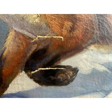 ANTICO GRANDE DIPINTO OLIO VOLPE GHIANDAIA PAESAGGIO INVERNALE NEVE 150x110 cm