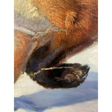 ANTICO GRANDE DIPINTO OLIO VOLPE GHIANDAIA PAESAGGIO INVERNALE NEVE 150x110 cm