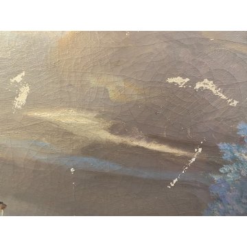 ANTICO GRANDE DIPINTO OLIO VOLPE GHIANDAIA PAESAGGIO INVERNALE NEVE 150x110 cm