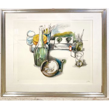 LITOGRAFIA Renato Guttuso P.A. FIRMATA a MATITA NATURA MORTA OGGETTI SUL TAVOLO