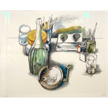 LITOGRAFIA Renato Guttuso P.A. FIRMATA a MATITA NATURA MORTA OGGETTI SUL TAVOLO