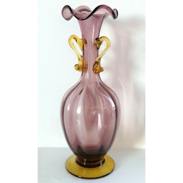 ANTICO VASO COSTOLATO BIANSATO VETRO MURANO VIOLA V. Zecchin FAZZOLETTO '900 