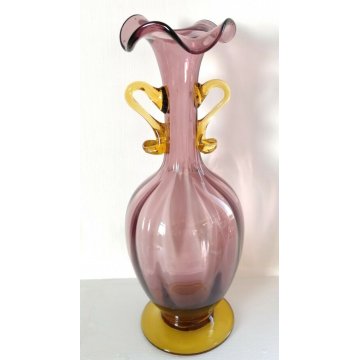 ANTICO VASO COSTOLATO BIANSATO VETRO MURANO VIOLA V. Zecchin FAZZOLETTO '900 