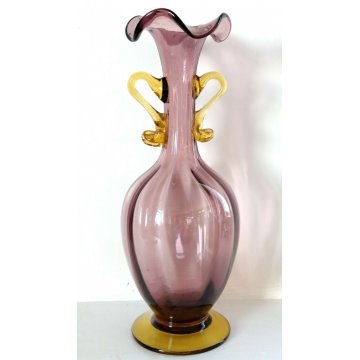 ANTICO VASO COSTOLATO BIANSATO VETRO MURANO VIOLA V. Zecchin FAZZOLETTO '900 