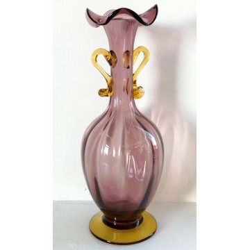 ANTICO VASO COSTOLATO BIANSATO VETRO MURANO VIOLA V. Zecchin FAZZOLETTO '900 