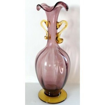 ANTICO VASO COSTOLATO BIANSATO VETRO MURANO VIOLA V. Zecchin FAZZOLETTO '900 
