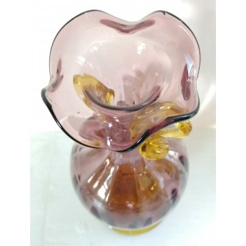 ANTICO VASO COSTOLATO BIANSATO VETRO MURANO VIOLA V. Zecchin FAZZOLETTO '900 