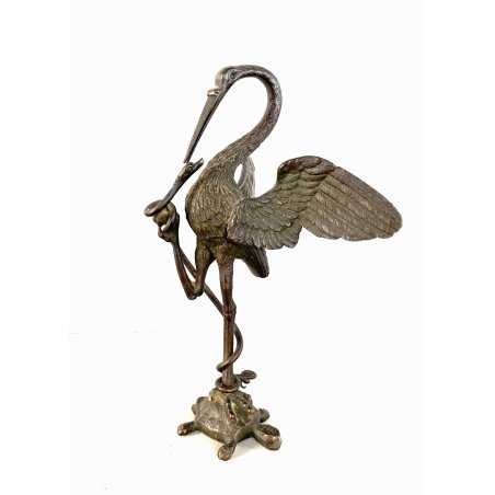 PICCOLA SCULTURA GRUPPO BRONZO AIRONE SERPENTE TARTARUGA BESTIARIO 17cm/h '800