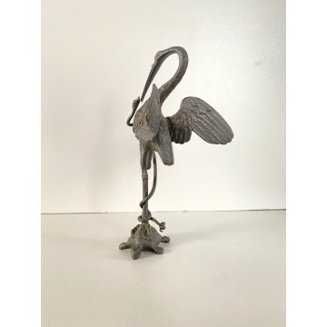 PICCOLA SCULTURA GRUPPO BRONZO AIRONE SERPENTE TARTARUGA BESTIARIO 17cm/h '800