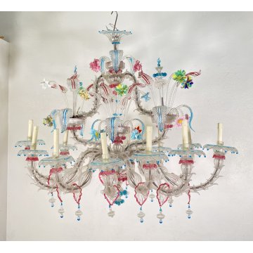 ENORME LAMPADARIO 1800 CA' REZZONICO OVALE VETRO MURANO FOGLIE 12 LUCI VENEZIA