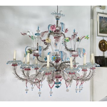ENORME LAMPADARIO 1800 CA' REZZONICO OVALE VETRO MURANO FOGLIE 12 LUCI VENEZIA