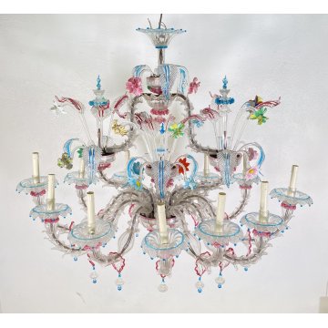 ENORME LAMPADARIO 1800 CA' REZZONICO OVALE VETRO MURANO FOGLIE 12 LUCI VENEZIA