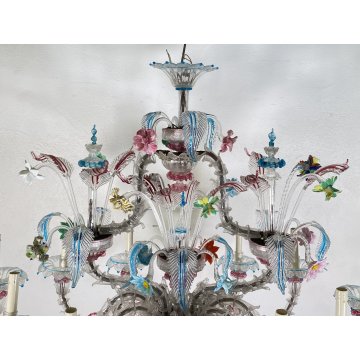 ENORME LAMPADARIO 1800 CA' REZZONICO OVALE VETRO MURANO FOGLIE 12 LUCI VENEZIA