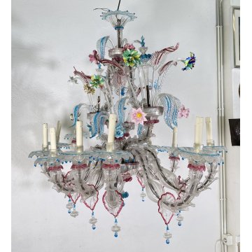 ENORME LAMPADARIO 1800 CA' REZZONICO OVALE VETRO MURANO FOGLIE 12 LUCI VENEZIA