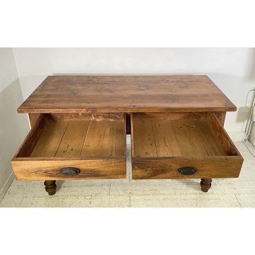 ANTICO TAVOLO PRANZO RETTANGOLARE LEGNO ABETE NOCE 2 CASSETTI TABLE SALA 1800
