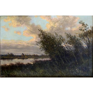 ANTICO DIPINTO OLIO Giovanni Pisano PAESAGGIO FLUVIALE CORNICE GUILLOCHE '800
