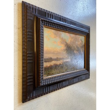 ANTICO DIPINTO OLIO Giovanni Pisano PAESAGGIO FLUVIALE CORNICE GUILLOCHE '800
