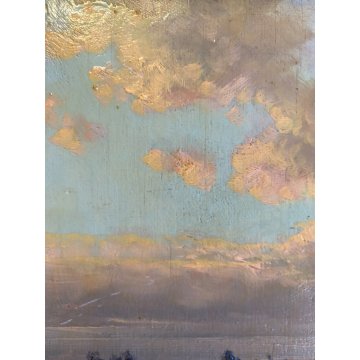 ANTICO DIPINTO OLIO Giovanni Pisano PAESAGGIO FLUVIALE CORNICE GUILLOCHE '800