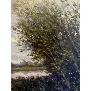 ANTICO DIPINTO OLIO Giovanni Pisano PAESAGGIO FLUVIALE CORNICE GUILLOCHE '800