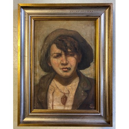ANTICO QUADRO OLIO R. Frigerio RITRATTO GENERE SCUGNIZZO RAGAZZO con SIGARETTA