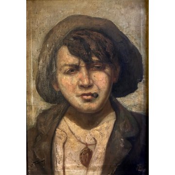 ANTICO QUADRO OLIO R. Frigerio RITRATTO GENERE SCUGNIZZO RAGAZZO con SIGARETTA
