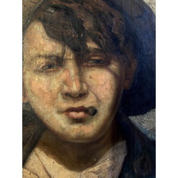 ANTICO QUADRO OLIO R. Frigerio RITRATTO GENERE SCUGNIZZO RAGAZZO con SIGARETTA