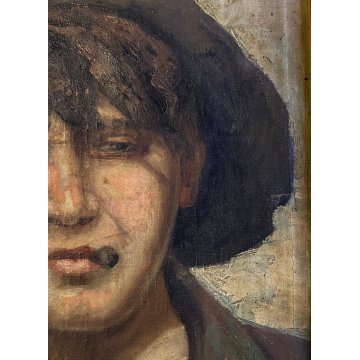 ANTICO QUADRO OLIO R. Frigerio RITRATTO GENERE SCUGNIZZO RAGAZZO con SIGARETTA