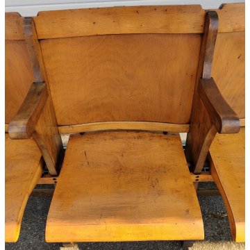 ANTICA PANCA da CINEMA anni 50 POLTRONA TEATRO sedia legno POLTRONCINA 5 posti