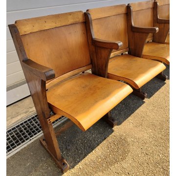 ANTICA PANCA da CINEMA anni 50 POLTRONA TEATRO sedia legno POLTRONCINA 5 posti