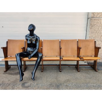 ANTICA PANCA da CINEMA 5 posti POLTRONA TEATRO sedia legno POLTRONCINA anni 50