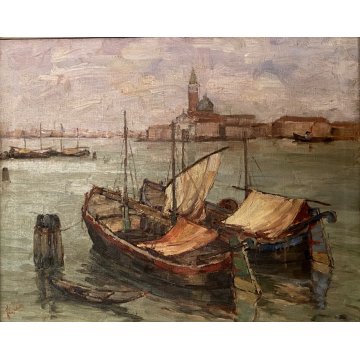 ANTICO QUADRO DIPINTO OLIO MARINA G. Fraschetti PAESAGGIO VEDUTA VENEZIA BARCHE