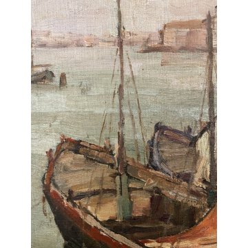 ANTICO QUADRO DIPINTO OLIO MARINA G. Fraschetti PAESAGGIO VEDUTA VENEZIA BARCHE
