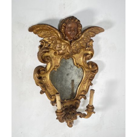 ANTICA GRANDE APPLIQUE SPECCHIERA PUTTO 1800 ANGELO SPECCHIO LEGNO DORATO