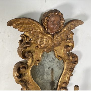 ANTICA GRANDE APPLIQUE SPECCHIERA PUTTO 1800 ANGELO SPECCHIO LEGNO DORATO