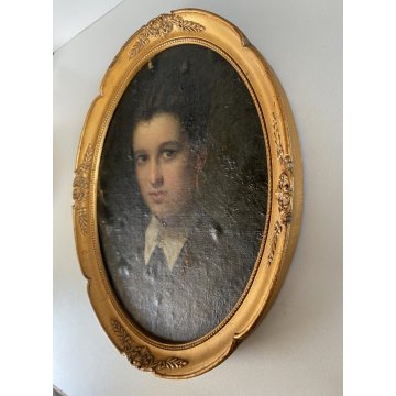 ANTICO DIPINTO OLIO TELA OVALE RITRATTO FIGURA FEMMINILE GIOVANE DONNA EPOCA 800