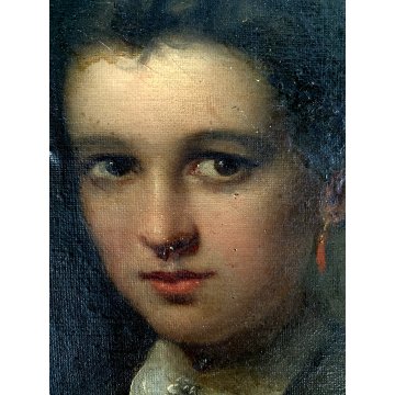 ANTICO DIPINTO OLIO TELA OVALE RITRATTO FIGURA FEMMINILE GIOVANE DONNA EPOCA 800