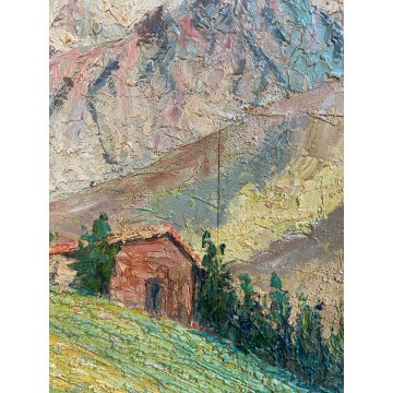 ANTICO DIPINTO OLIO TAVOLA Sori PAESAGGIO MONTANO BAITE ALPEGGIO DIVISIONISTA