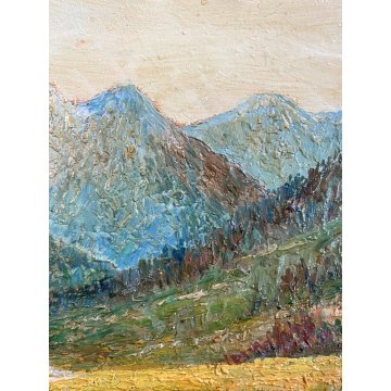 ANTICO DIPINTO OLIO TAVOLA Sori PAESAGGIO MONTANO PASCOLO Stelvio DIVISIONISTA