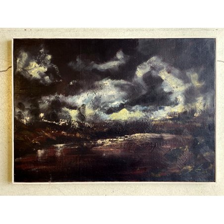 QUADRO DIPINTO OLIO MATERICO ASTRATTO PAESAGGIO MARINA NOTTURNO TEMPESTA 1970