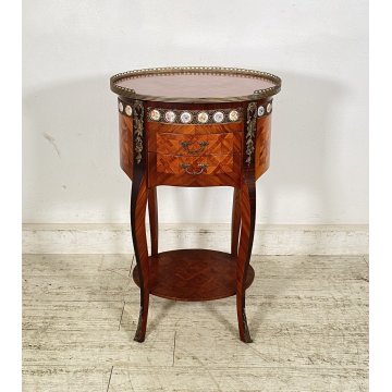 ANTICO COMODINO OVALE DA CENTRO CARLO X 1900 LEGNO 2 CASSETTI BRONZO OLD