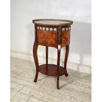 ANTICO COMODINO OVALE DA CENTRO CARLO X 1900 LEGNO 2 CASSETTI BRONZO OLD