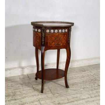 ANTICO COMODINO OVALE DA CENTRO CARLO X 1900 LEGNO 2 CASSETTI BRONZO OLD