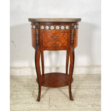 ANTICO COMODINO OVALE DA CENTRO CARLO X 1900 LEGNO 2 CASSETTI BRONZO OLD