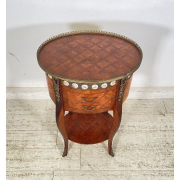 ANTICO COMODINO OVALE DA CENTRO CARLO X 1900 LEGNO 2 CASSETTI BRONZO OLD