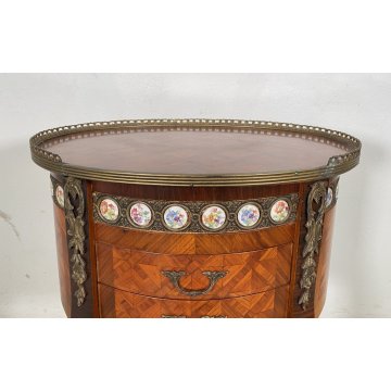 ANTICO COMODINO OVALE DA CENTRO CARLO X 1900 LEGNO 2 CASSETTI BRONZO OLD