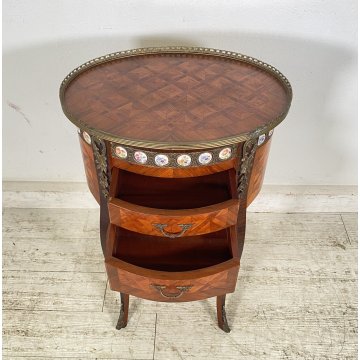 ANTICO COMODINO OVALE DA CENTRO CARLO X 1900 LEGNO 2 CASSETTI BRONZO OLD
