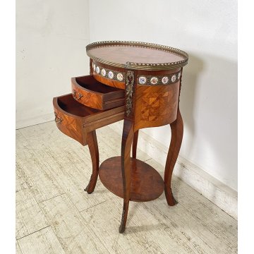 ANTICO COMODINO OVALE DA CENTRO CARLO X 1900 LEGNO 2 CASSETTI BRONZO OLD