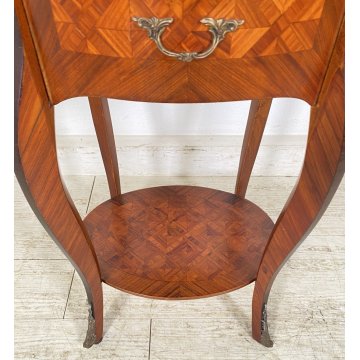ANTICO COMODINO OVALE DA CENTRO CARLO X 1900 LEGNO 2 CASSETTI BRONZO OLD