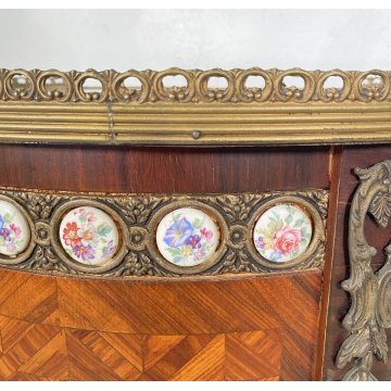 ANTICO COMODINO OVALE DA CENTRO CARLO X 1900 LEGNO 2 CASSETTI BRONZO OLD
